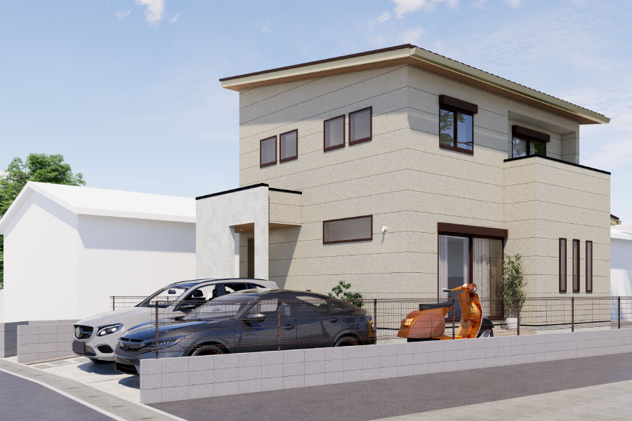 薄いグレーとベージュのアースカラーが、自然と調和しながらも品のある佇まいを描く。