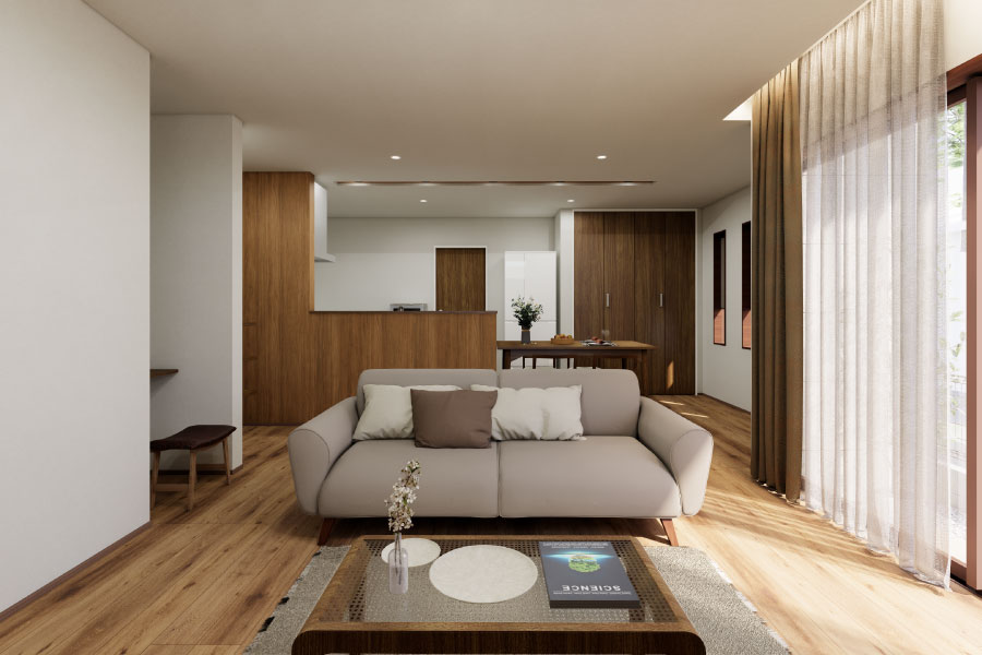 折り上げのカーテンボックスに忍ばせた間接照明と、レース越しのやわらかな光。