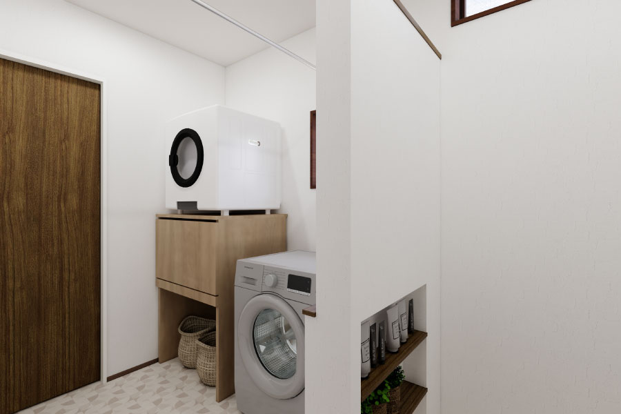洗う・乾かす・しまうを、ひとつの動線で。カーテンで仕切られた通気性のよいランドリールームとファミリークローゼットが、家事の効率をぐっと高めます。