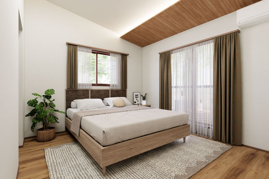 暮らしの細やかな配慮を2階に。トイレ内手洗いと共用収納で使いやすく、勾配天井と間接照明で寝室に広がりを。